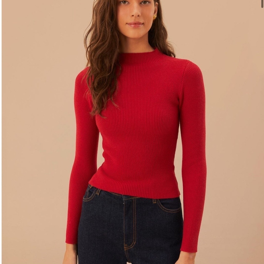 Farm Rio Long Sleeve Rib Crop mock neck sweater top in burgundy Size XS